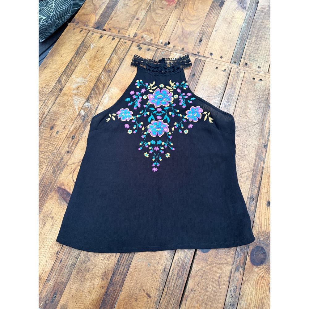 Black Halter Top Womens M Boho Cottage Embroidered Festival Lace Whimsigoth